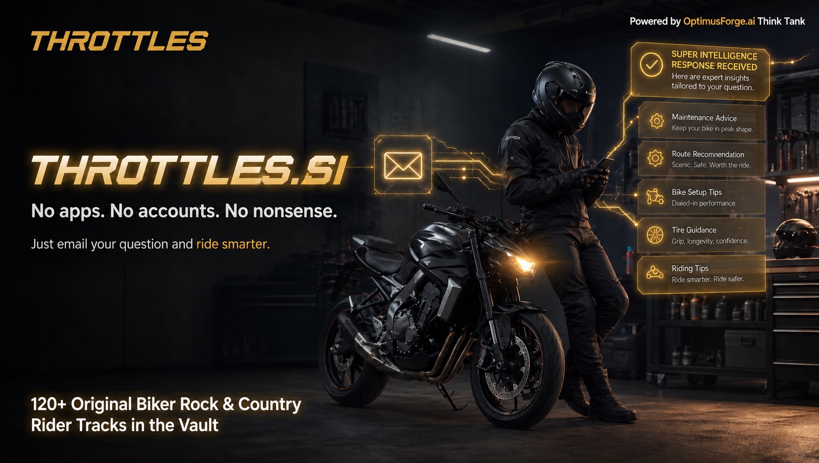 Throttles.si. No apps. No accounts. No nonsense. Just email your question and ride smarter. Motorcycle rider and golden rider-intelligence graphics.